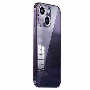 For iPhone 14 Plus Stainless Steel Frame Transparent TPU Phone Case(Dark Purple)