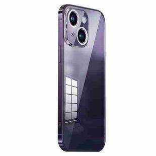 For iPhone 14 Stainless Steel Frame Transparent TPU Phone Case(Dark Purple)