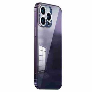 For iPhone 14 Pro Max Stainless Steel Frame Transparent TPU Phone Case(Dark Purple)