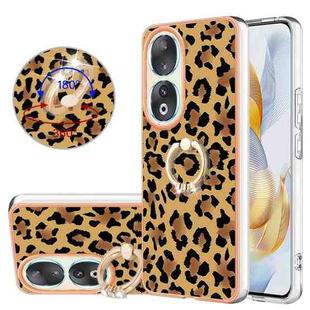 For Honor 90 5G Electroplating Dual-side IMD Phone Case with Ring Holder(Leopard Print)