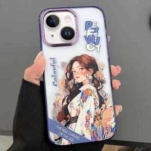 For iPhone 14 Engraved Colorful Cartoon Phone Case(Flower Girl)