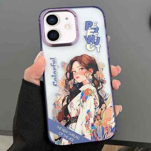 For iPhone 12 Engraved Colorful Cartoon Phone Case(Flower Girl)