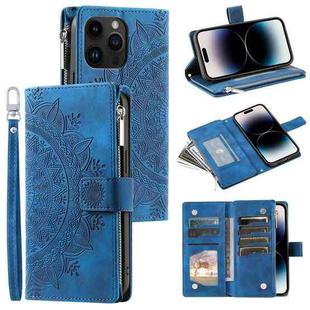 For iPhone 15 Pro Max Multi-Card Totem Zipper Leather Phone Case(Blue)