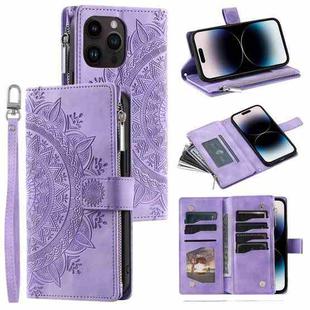 For iPhone 15 Pro Max Multi-Card Totem Zipper Leather Phone Case(Purple)