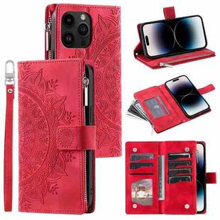 For iPhone 15 Pro Multi-Card Totem Zipper Leather Phone Case(Red)