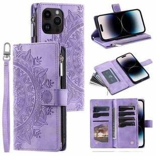 For iPhone 15 Pro Multi-Card Totem Zipper Leather Phone Case(Purple)