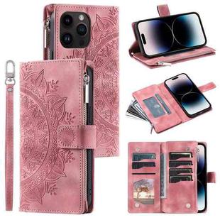 For iPhone 15 Pro Multi-Card Totem Zipper Leather Phone Case(Pink)
