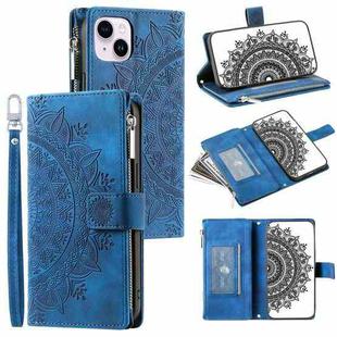 For iPhone 15 Plus Multi-Card Totem Zipper Leather Phone Case(Blue)