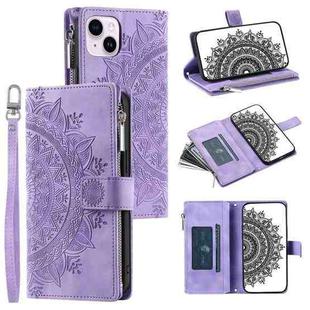For iPhone 15 Plus Multi-Card Totem Zipper Leather Phone Case(Purple)