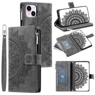 For iPhone 14 Plus Multi-Card Totem Zipper Leather Phone Case(Grey)