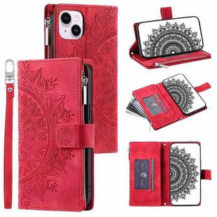 For iPhone 14 Multi-Card Totem Zipper Leather Phone Case(Red)