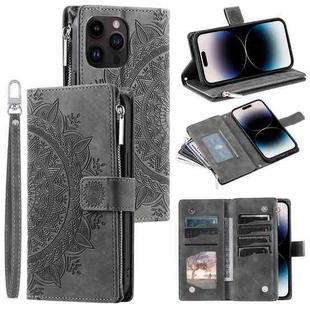 For iPhone 14 Pro Multi-Card Totem Zipper Leather Phone Case(Grey)