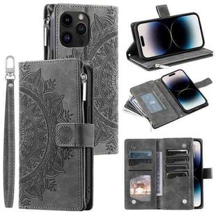 For iPhone 14 Pro Max Multi-Card Totem Zipper Leather Phone Case(Grey)