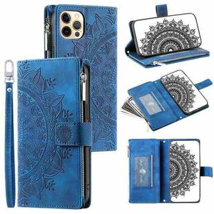 For iPhone 12 / 12 Pro Multi-Card Totem Zipper Leather Phone Case(Blue)