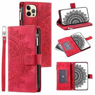 For iPhone 12 / 12 Pro Multi-Card Totem Zipper Leather Phone Case(Red)