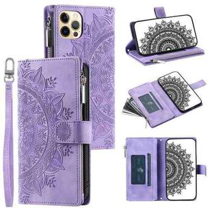 For iPhone 12 / 12 Pro Multi-Card Totem Zipper Leather Phone Case(Purple)