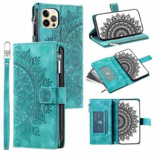 For iPhone 12 Pro Max Multi-Card Totem Zipper Leather Phone Case(Green)