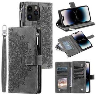 For iPhone 16 Pro Max Multi-Card Totem Zipper Leather Phone Case(Grey)