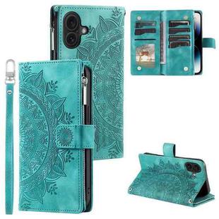 For iPhone 16 Plus Multi-Card Totem Zipper Leather Phone Case(Green)