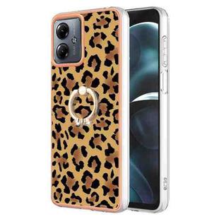 For Motorola Moto G14 Electroplating Dual-side IMD Phone Case with Ring Holder(Leopard Print)