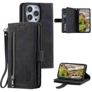 For iPhone 15 Pro Max Nine Card Zipper Bag Leather Phone Case with Lanyard(Black)