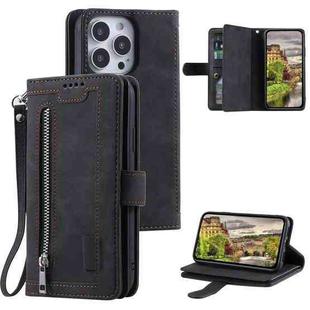 For iPhone 15 Pro Nine Card Zipper Bag Leather Phone Case with Lanyard(Black)