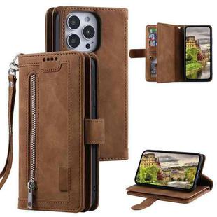 For iPhone 15 Pro Nine Card Zipper Bag Leather Phone Case with Lanyard(Brown)