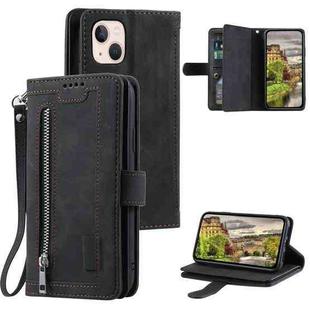 For iPhone 15 Plus Nine Card Zipper Bag Leather Phone Case with Lanyard(Black)