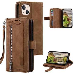 For iPhone 15 Plus Nine Card Zipper Bag Leather Phone Case with Lanyard(Brown)