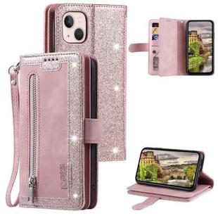 For iPhone 15 Nine Card Zipper Bag Leather Phone Case with Lanyard(Pink)