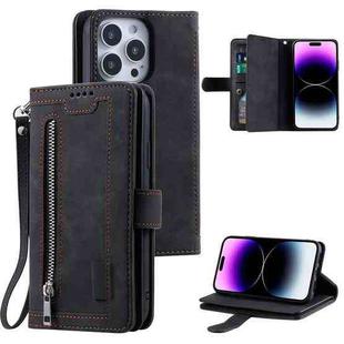 For iPhone 16 Pro Nine Card Zipper Bag Leather Phone Case with Lanyard(Black)