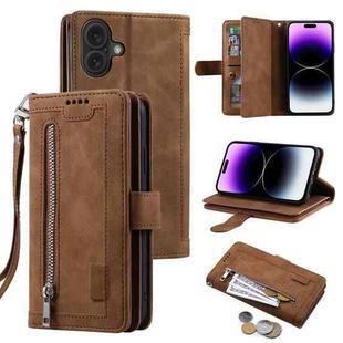 For iPhone 16 Plus Nine Card Zipper Bag Leather Phone Case with Lanyard(Brown)