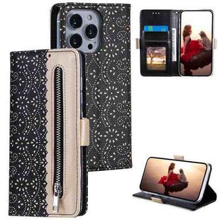 For iPhone 15 Pro Max Lace Pattern Double Button Zipper Leather Phone Case with Lanyard(Black)