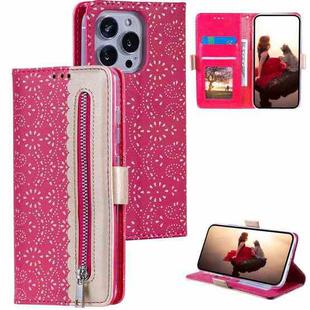 For iPhone 15 Pro Max Lace Pattern Double Button Zipper Leather Phone Case with Lanyard(Rose Red)