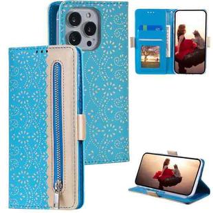 For iPhone 15 Pro Max Lace Pattern Double Button Zipper Leather Phone Case with Lanyard(Blue)