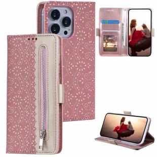 For iPhone 15 Pro Lace Pattern Double Button Zipper Leather Phone Case with Lanyard(Rose Gold)