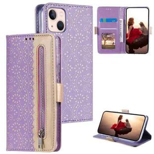 For iPhone 15 Plus Lace Pattern Double Button Zipper Leather Phone Case with Lanyard(Purple)