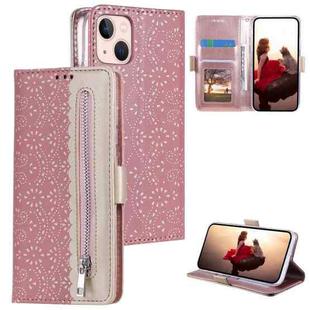 For iPhone 15 Plus Lace Pattern Double Button Zipper Leather Phone Case with Lanyard(Rose Gold)