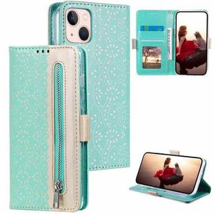 For iPhone 15 Plus Lace Pattern Double Button Zipper Leather Phone Case with Lanyard(Green)