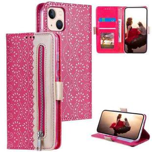 For iPhone 15 Plus Lace Pattern Double Button Zipper Leather Phone Case with Lanyard(Rose Red)