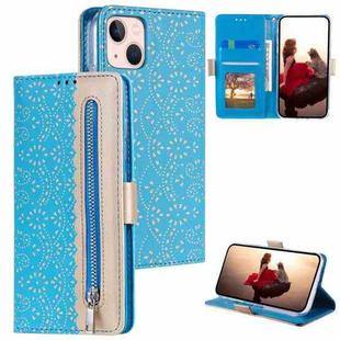 For iPhone 15 Plus Lace Pattern Double Button Zipper Leather Phone Case with Lanyard(Blue)