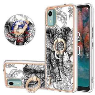 For Nokia C12 Electroplating Dual-side IMD Phone Case with Ring Holder(Totem Elephant)