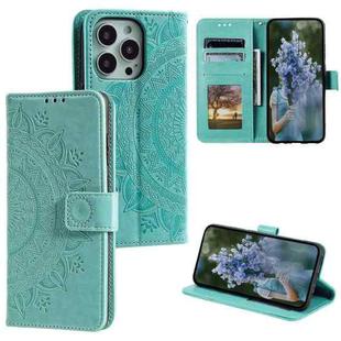 For iPhone 15 Pro Max Totem Flower Embossed Leather Phone Case(Green)
