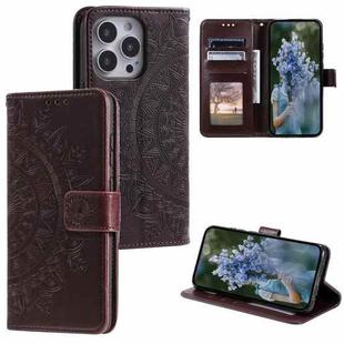 For iPhone 15 Pro Max Totem Flower Embossed Leather Phone Case(Brown)