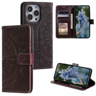 For iPhone 15 Pro Totem Flower Embossed Leather Phone Case(Brown)