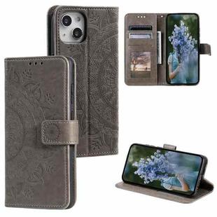For iPhone 15 Totem Flower Embossed Leather Phone Case(Grey)