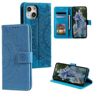 For iPhone 15 Totem Flower Embossed Leather Phone Case(Blue)