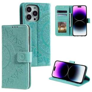 For iPhone 16 Pro Max Totem Flower Embossed Leather Phone Case(Green)