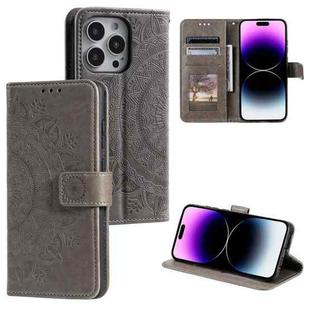 For iPhone 16 Pro Max Totem Flower Embossed Leather Phone Case(Grey)