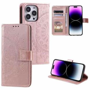 For iPhone 16 Pro Max Totem Flower Embossed Leather Phone Case(Rose Gold)